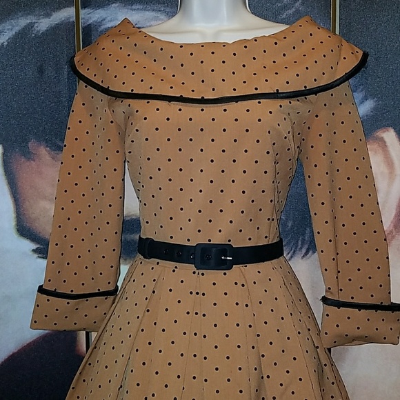 Tatyana Iced Coffee 1940's Mocha Polka Dot 3/4 Sleeve Military Pinup Swing Dress - Picture 4 of 9